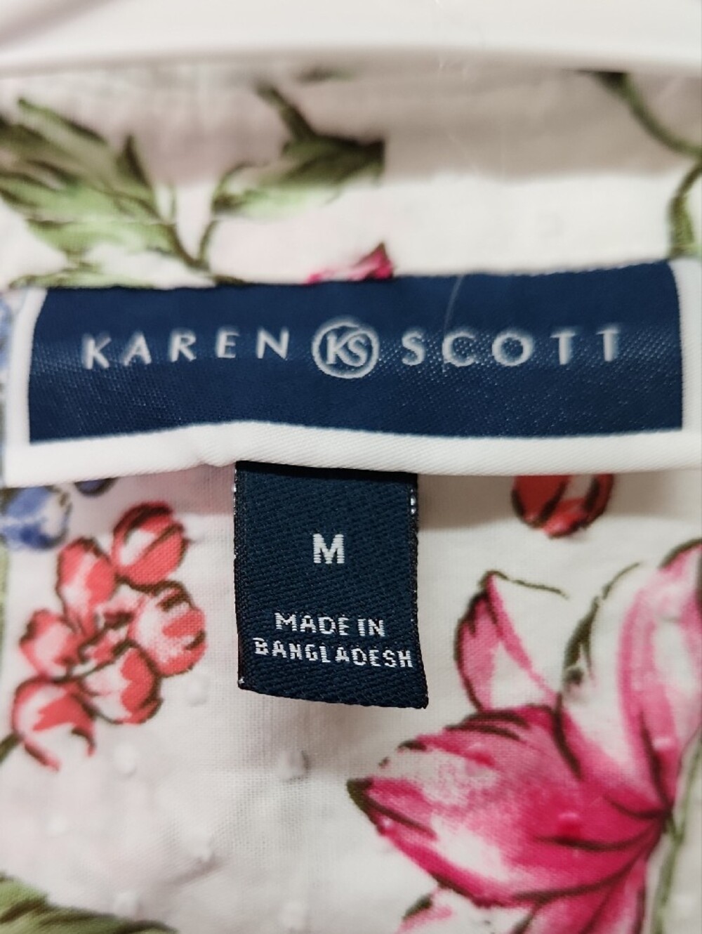 Karen Scott White Floral Button-Down Shirt with Pink Flowers and Green Leaves - Picture 2 of 4